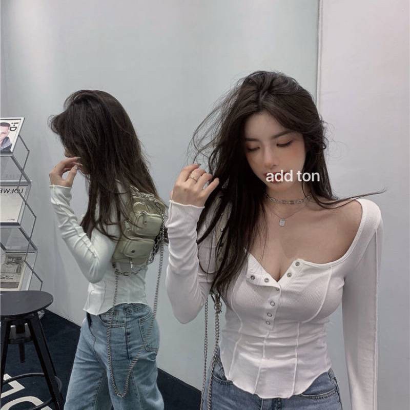 ÁO THUN GÂN TAY DÀI BẤM NÚT XINH ĐẸP