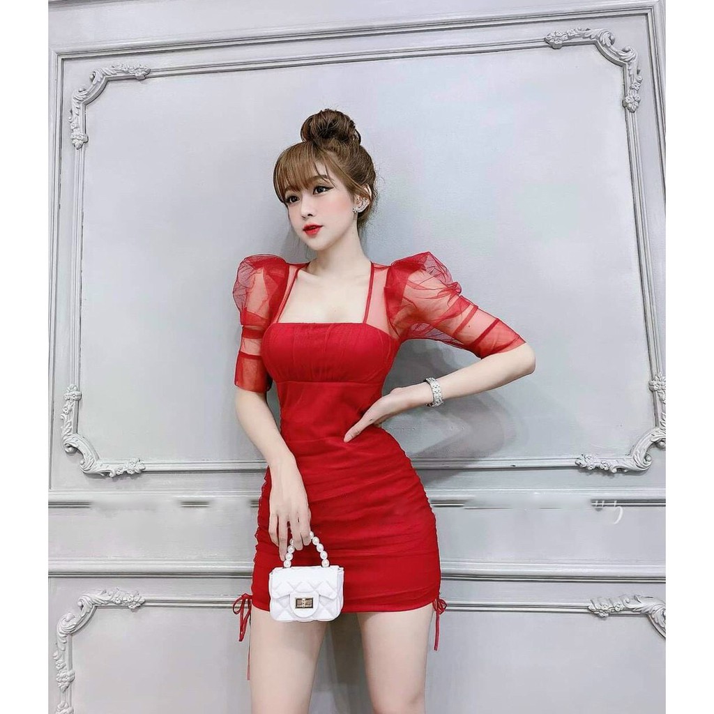 [Đầm Mới] Đầm Body Tay Dài Phối Lưới Thời Trang Nữ Sam Closet Free Size 40-55kg