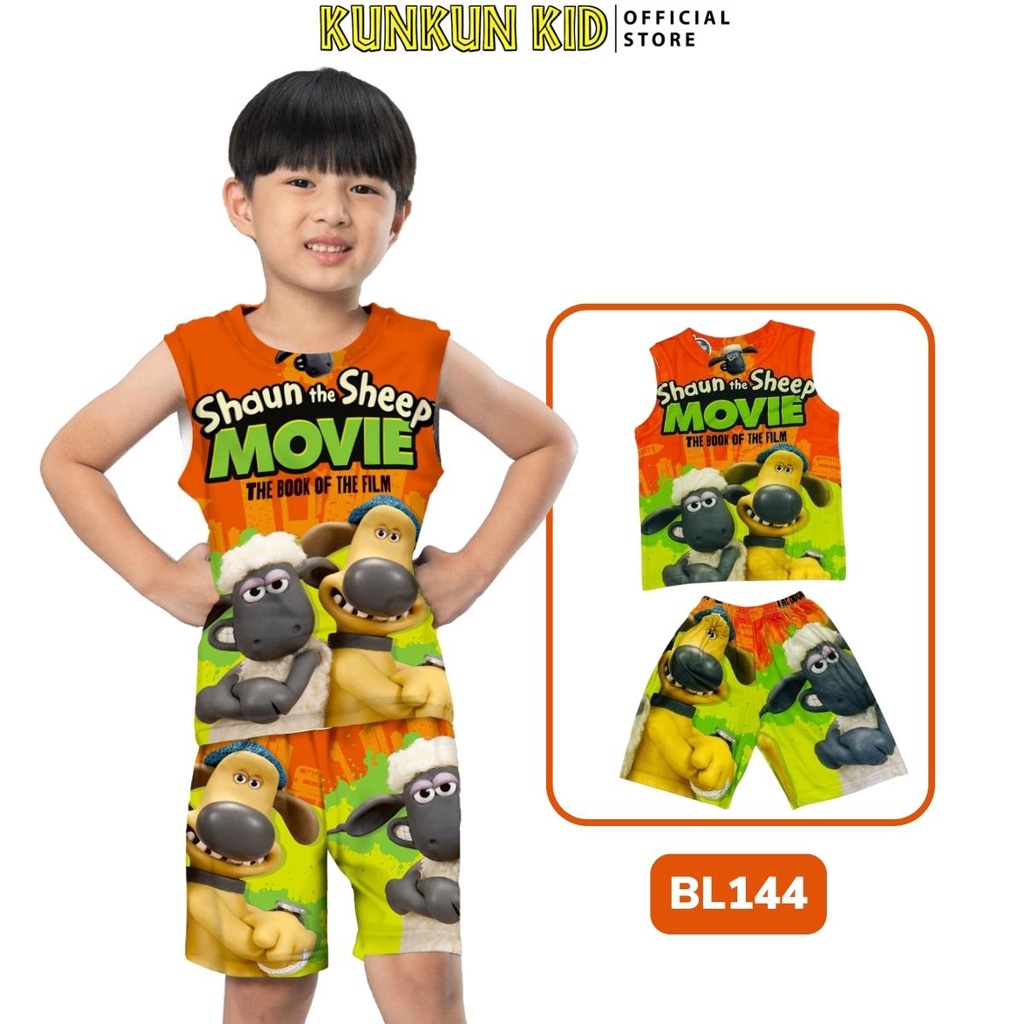 Đồ bộ bé trai size đại từ 10kg-40kg ba lỗ chất thun lạnh in hoạt hình chó và cừu Kunkun Kid BL144