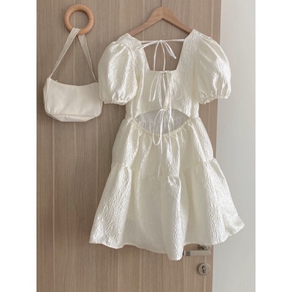 Váy cổ hình vuông tay bồng uốn lượn hở lưng buộc dây thời thượng V02 váy xinh hot trendy - babydoll