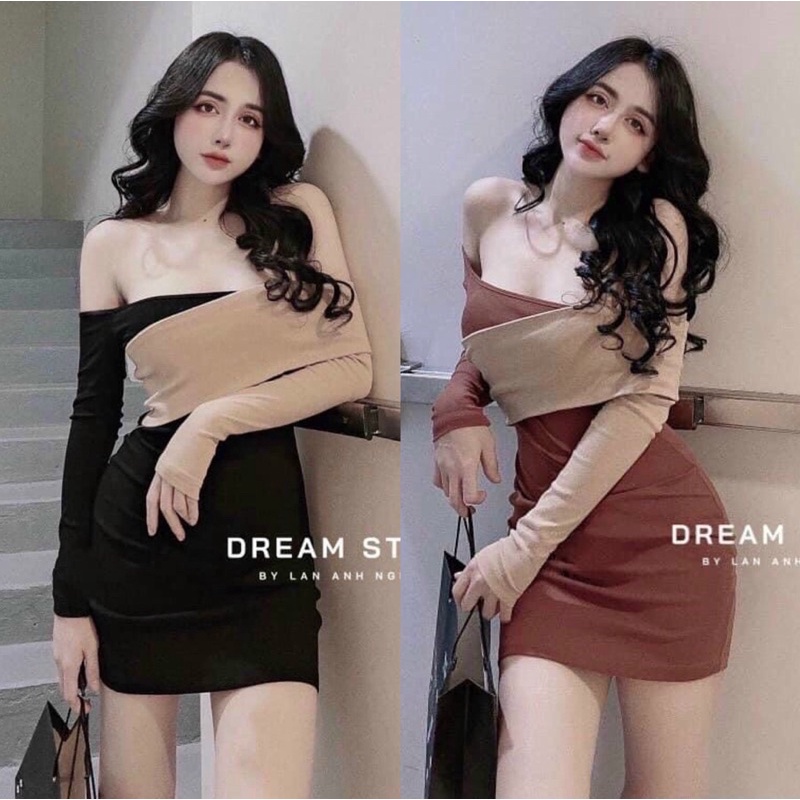 {Freeship} Đầm Thun borip ôm body bệt vai Tay dài
