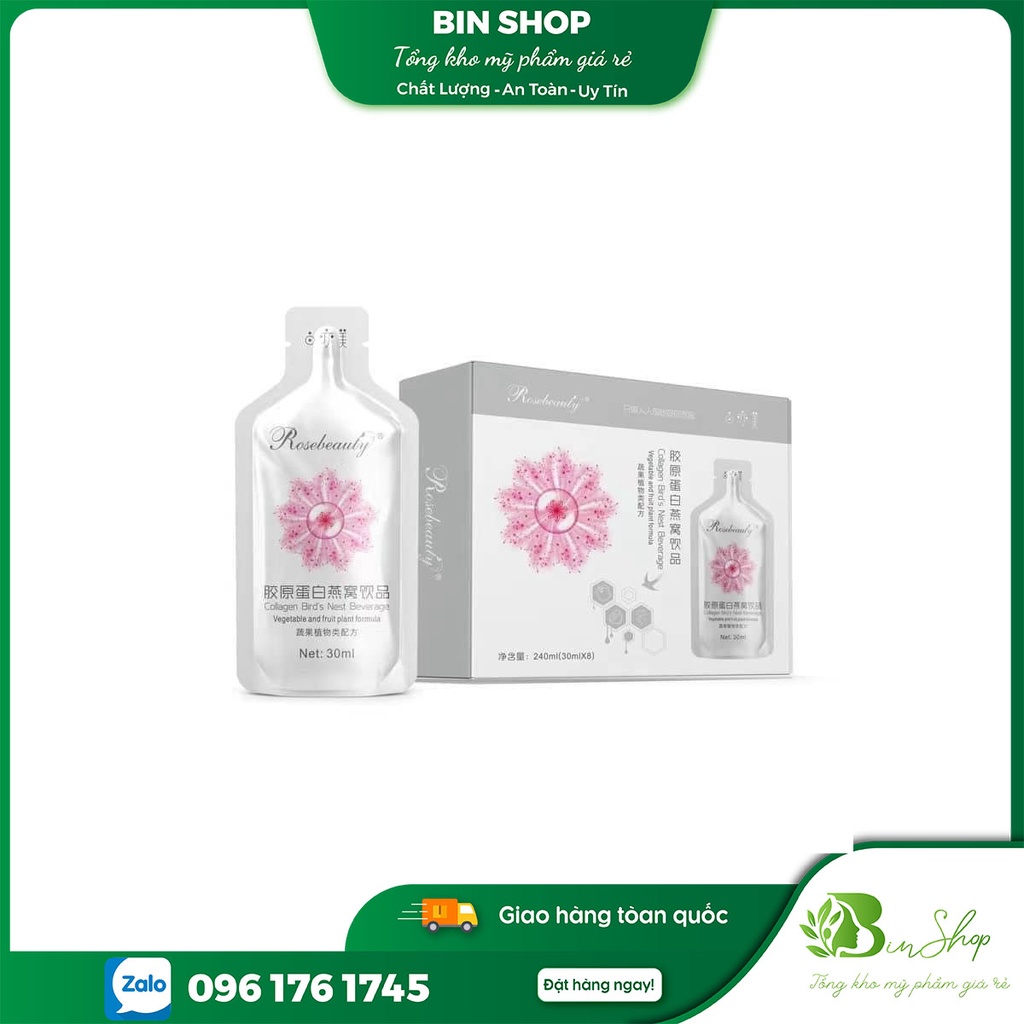 [Hộp 8 túi] Nước Uống Trắng Da Yến Rose Beauty Collagen dạng túi - Bin Shop