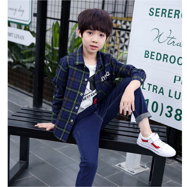 Áo sơ mi kẻ xanh than bé trai siêu hot size 140-170