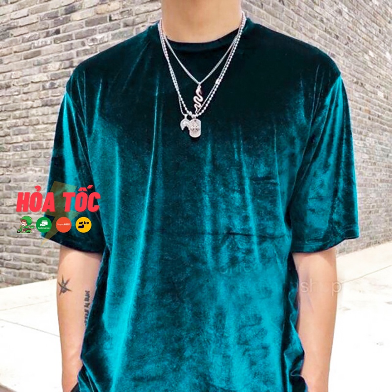 Áo thun nhung nam form rộng, tay lỡ - Xanh Cổ Vịt