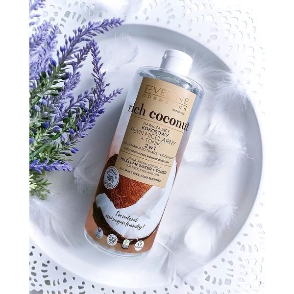 Nước Tẩy Trang Dưỡng Ẩm Tinh Chất Dừa 2 Tác Động Eveline Rich Coconut Moisturizing Coconut Micellar Water + Toner 500ml