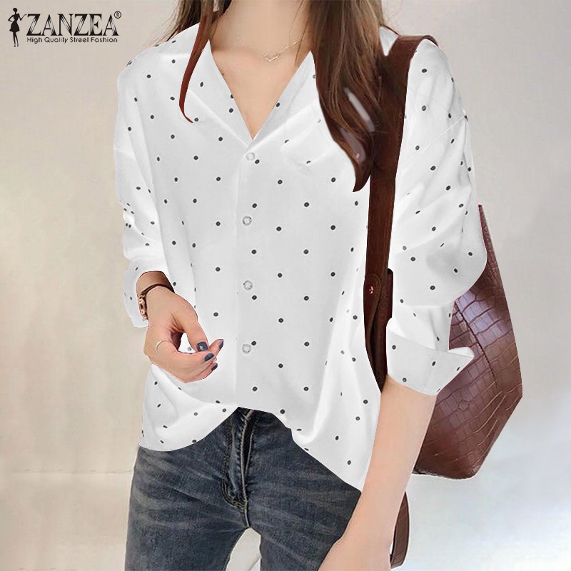 Áo sơ mi Zanzea cổ bẻ in họa tiết chấm bi phong cách Hàn Quốc thời trang cho nữ