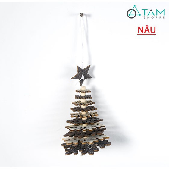 Phụ kiện treo trang trí Noel cây thông xoay bông tuyết gỗ