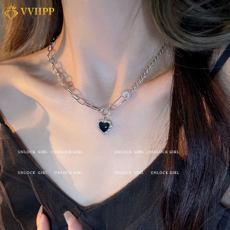 Vòng cổ Choker Y2K Mặt Trái Tim Đính Đá Pha Lê Đen Đơn Giản Cho Nữ