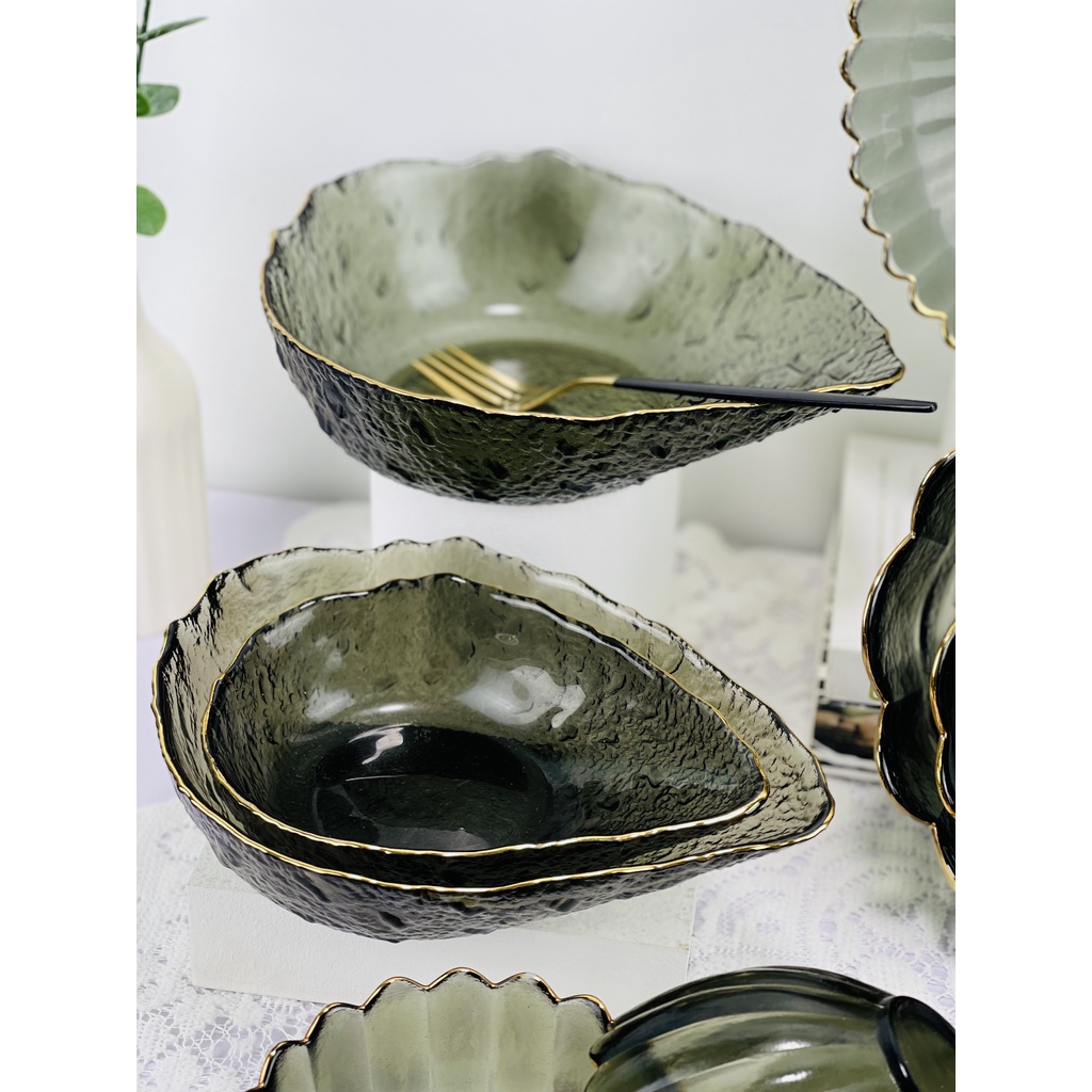 Bộ bát đĩa,chén dĩa ăn cơm,Bộ đồ ăn Thủy tinh viền vàng Màu Đen decor cao cấp