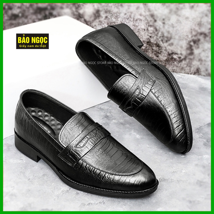 Giày lười nam da bò thật tăng chiều cao 6,5cm cực chất BẢO NGỌC STORE - Mã TC2526 Đen