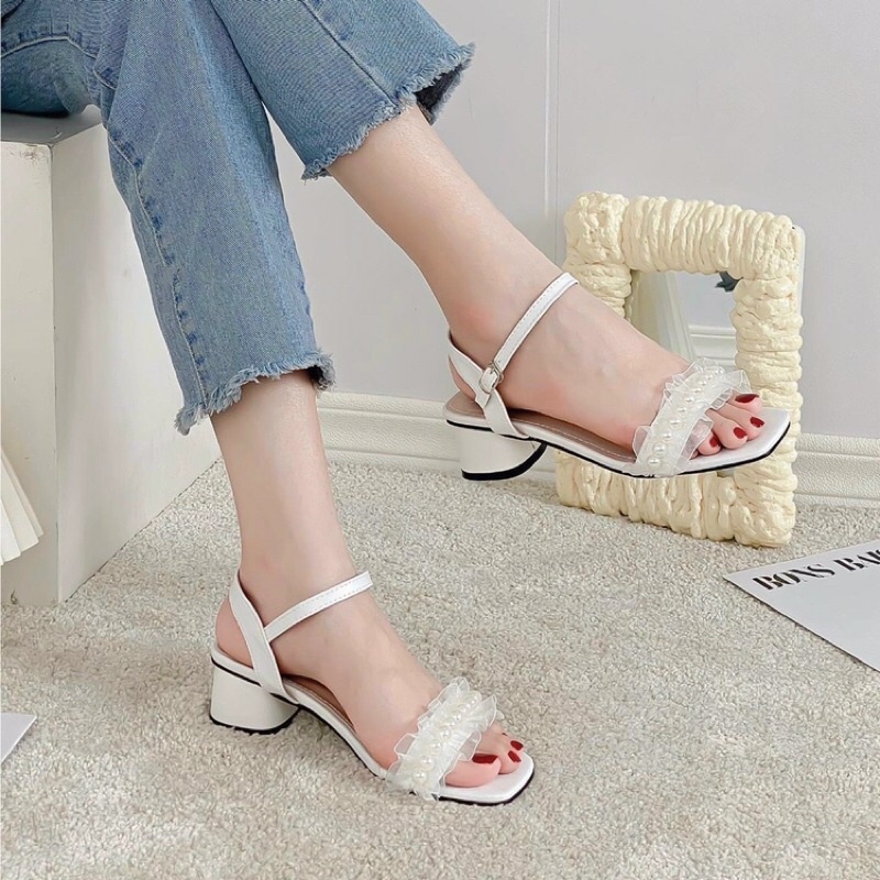 [Kho giày dép nữ] GIÀY SANDAL NỮ GÓT VUÔNG 4 PHÂN QUAI NGANG REN NGỌC CỰC ĐẸP