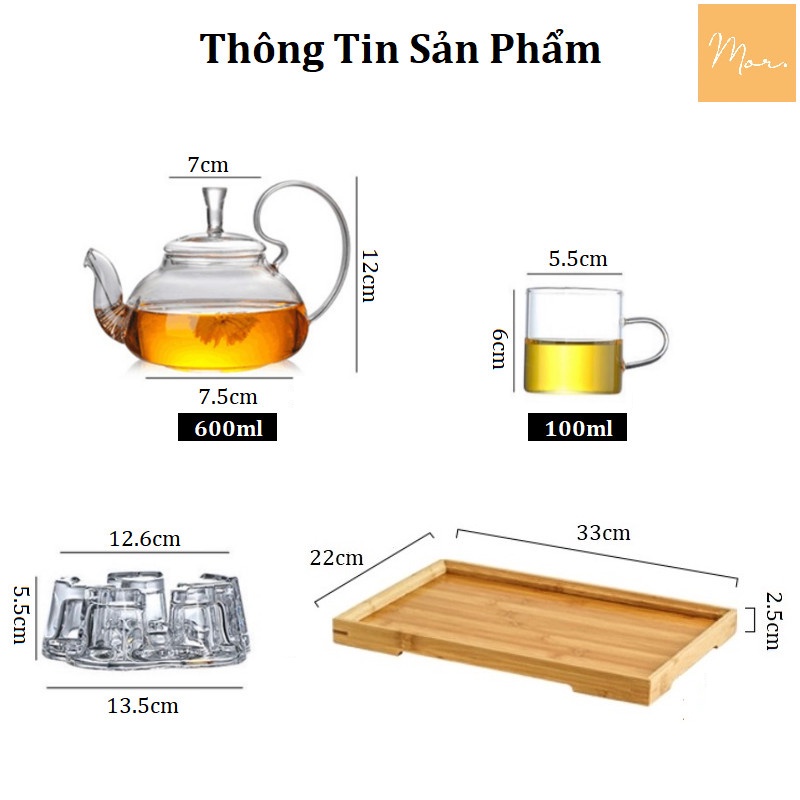 Bộ ấm trà thủy tinh chịu nhiệt - 600ml (Bồng - trụ)