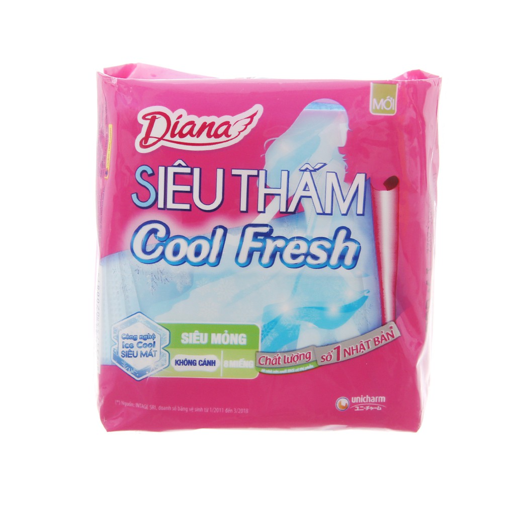 Băng Vệ Sinh Diana Siêu Thấm Cool Fresh Siêu Mỏng Không Cánh Gói 8 Miếng