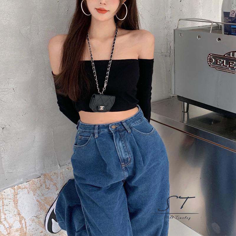 Áo croptop chui đầu tay dài cổ thuyền màu trơn màu trắng/xanh lá/tím thời trang mùa hè