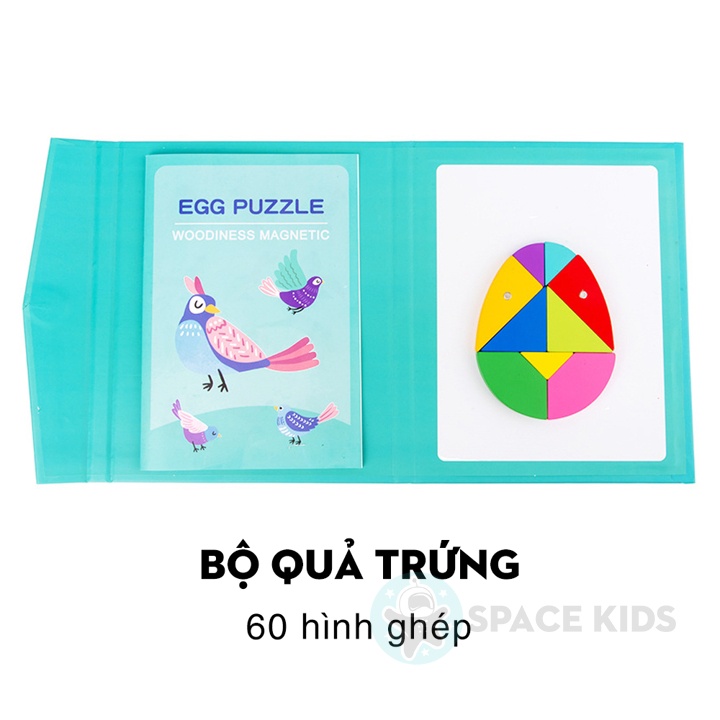 Đồ chơi trí tuệ cho bé Xếp hình gỗ Tangram nam châm có kèm sách, đồ chơi gỗ thông minh montessori