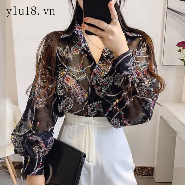 Áo Sơ Mi Chiffon Tay Phồng In Họa Tiết Hoa Phong Cách Retro Dành Cho Nữ