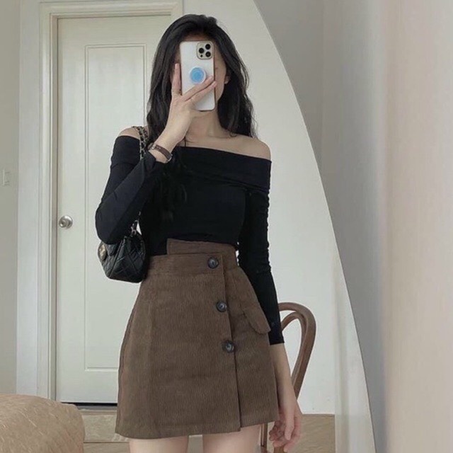 Áo trễ vai tay dài dáng body ôm chất thun co dãn sang chảnh