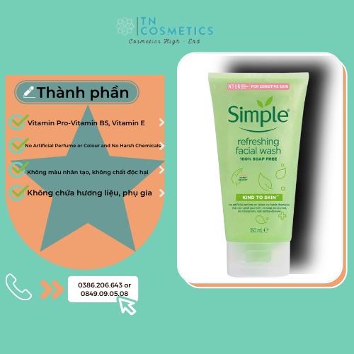 Sữa Rửa Mặt Simple Gel Kind To Skin Refreshing Facial Wash, Gel Rửa Mặt Simple, SRM Simple 150ml SRM01 | BigBuy360 - bigbuy360.vn