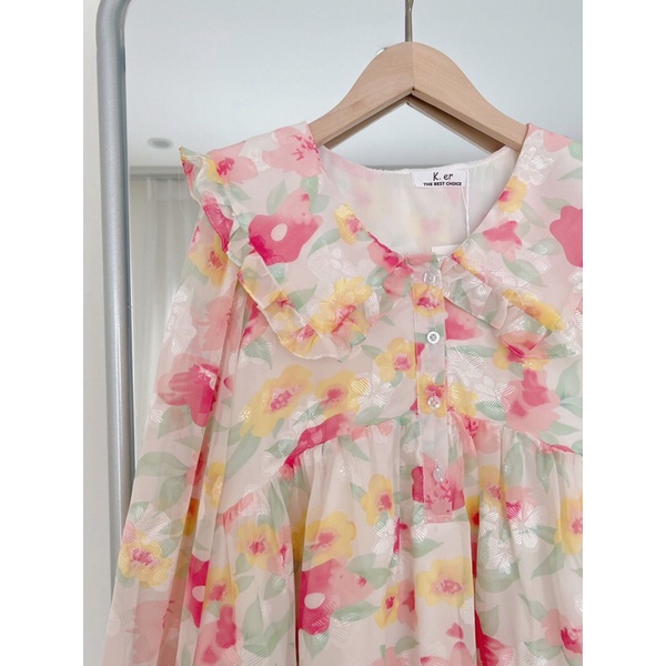 Váy babydoll hoa hồng cổ viền bèo dài tay dáng ngắn - Đầm babydoll hoa hồng baby dễ thương Peastore
