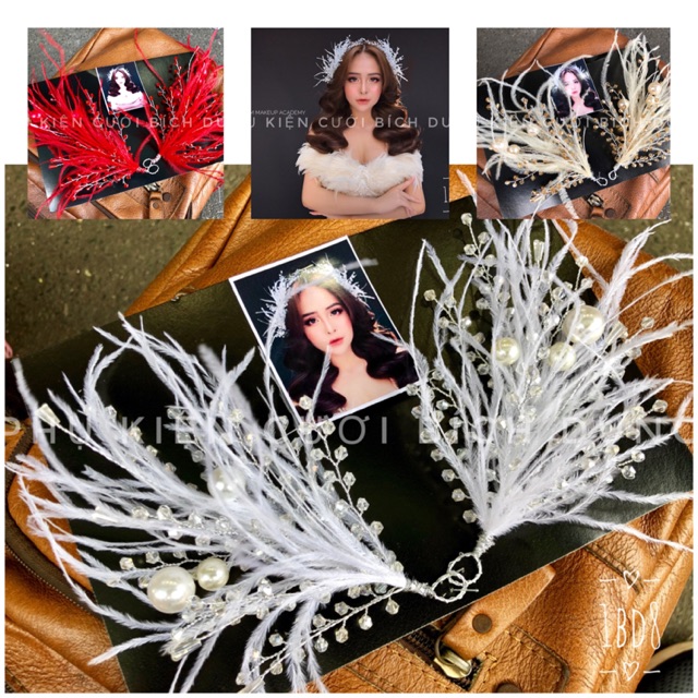 🌈🌈 Phụ kiện cài tóc cô dâu - Set cài đôi lông vũ phối pha lê dành cho cô dâu