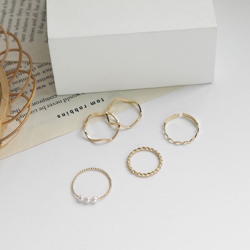 Set 5 Nhẫn Mạ Vàng Đính Ngọc Trai Giả Thời Trang Cho Nữ