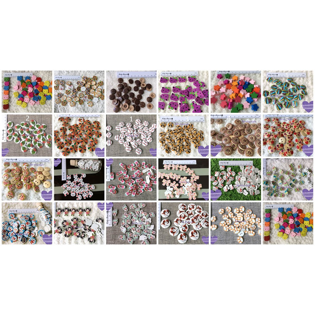 Wooden button | Nút cúc gỗ đủ kiểu ếch, Doreamon, búp bê, giáy, thỏ, Kitty, chân cọp, chim, nơ... | Len sợi Bonitamade