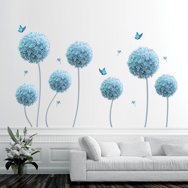 Decal dán tường phòng khách cẩm tú cầu xanh.