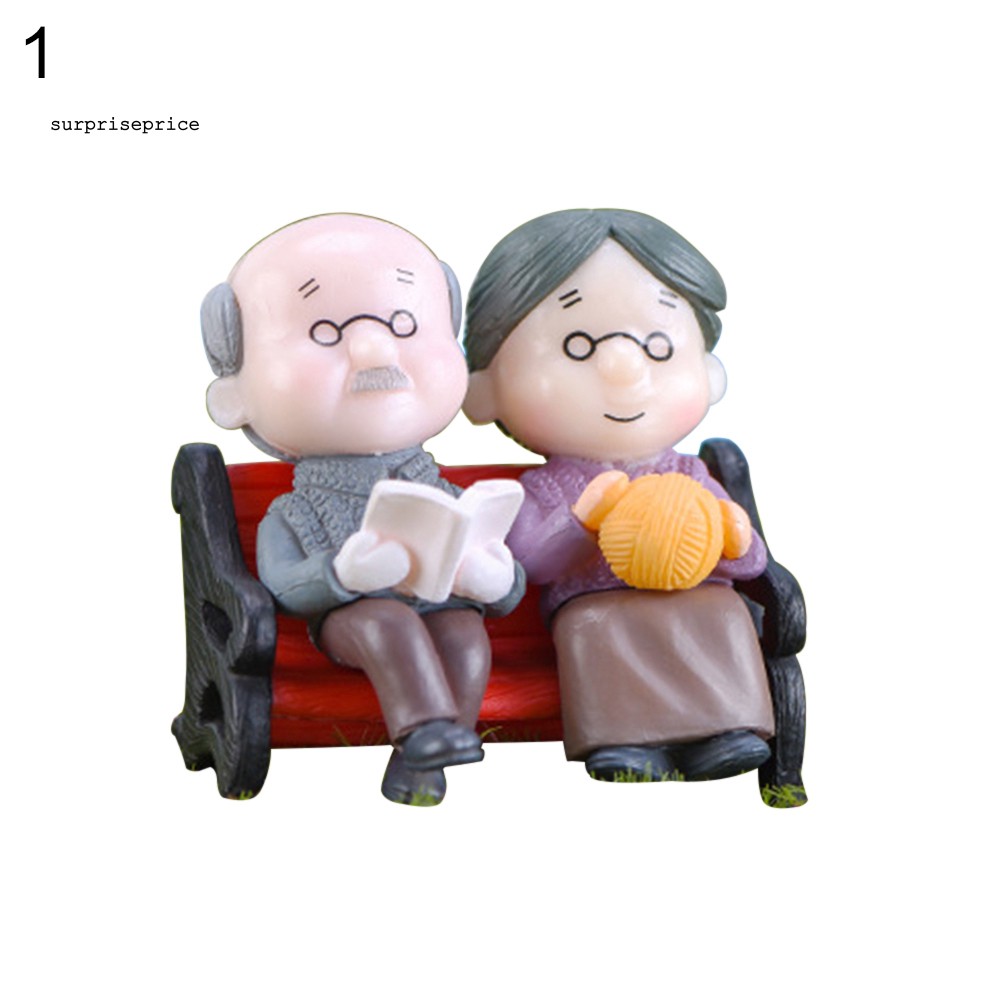 Set mô hình ông + bà + ghế dài mini dễ thương trang trí vườn