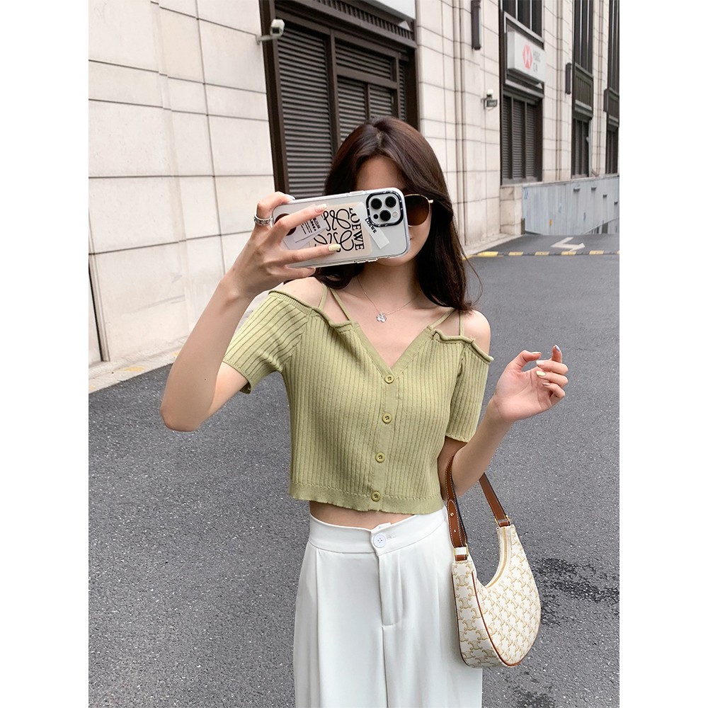 Cocory vn Áo croptop dệt kim tay ngắn trễ vai thiết kế ôm sát quyến rũ