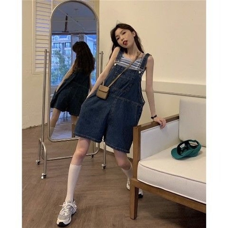 Quần yếm denim ống rộng lưng cao thời trang cho nữ