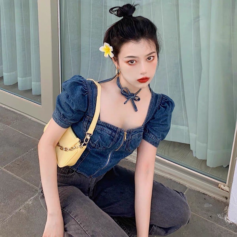 Áo croptop jeans denim +choker phong cách ulzzang SAM SAM BOUTIQUE