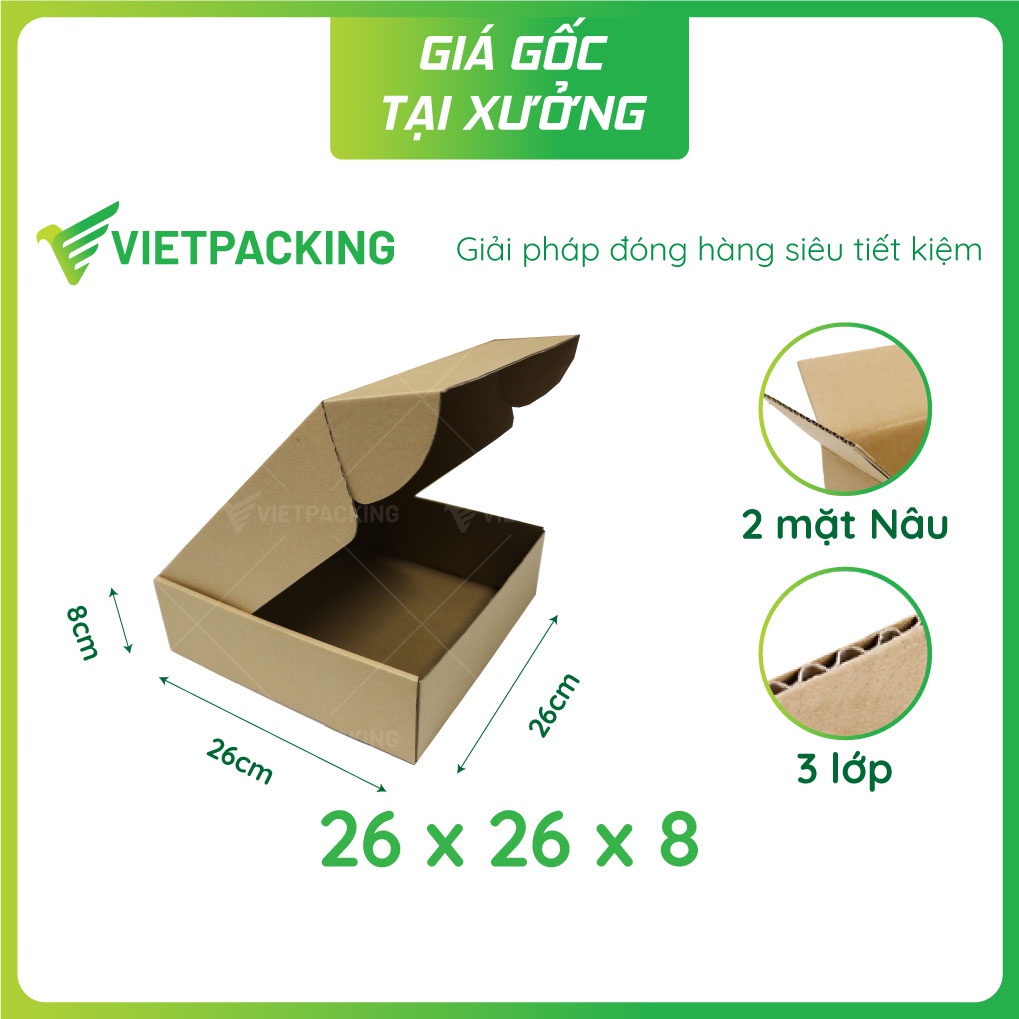 26x26x8 - 25 hộp carton nắp gài hông đẹp, vuông vức, giấy cứng V1014