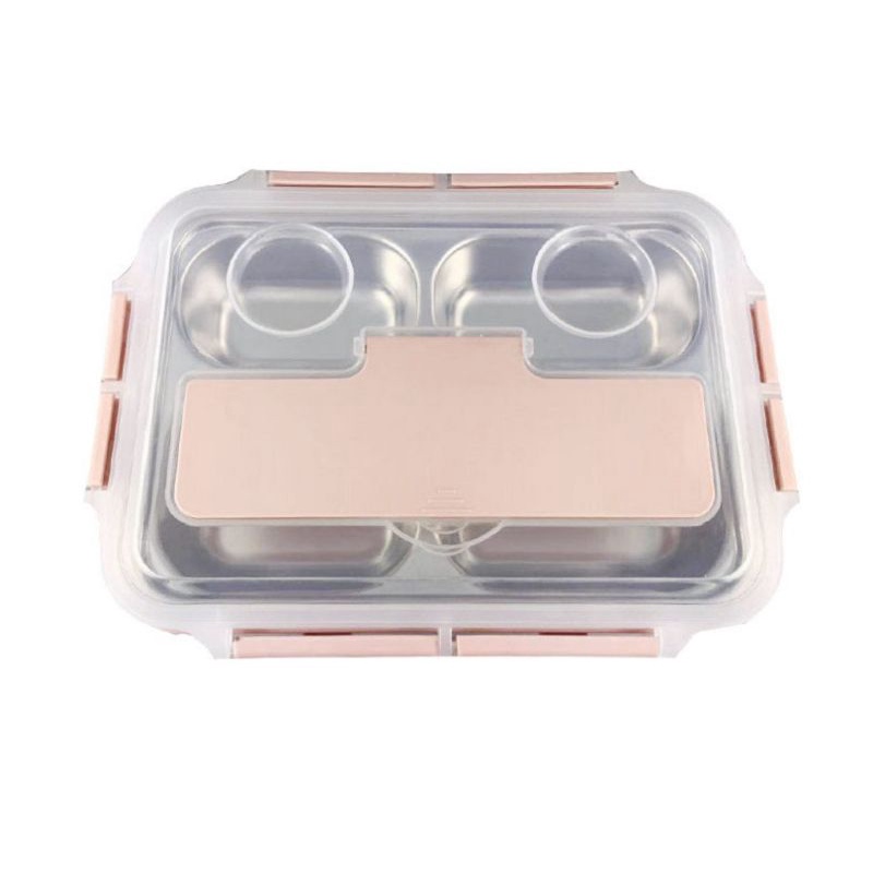 KHAY CƠM,Hộp đựng đồ ăn 5 ngăn bằng thép 304 31.5x25cm (có muỗng + đũa + bát súp),,,