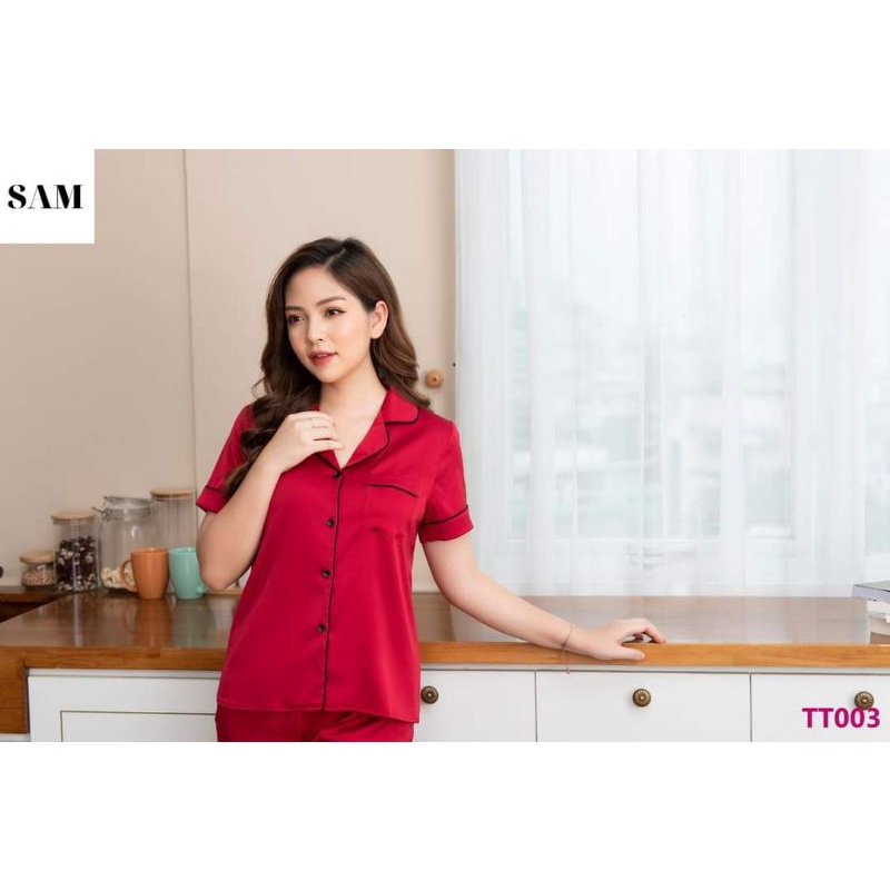 Bộ Pyjama Lụa Viền Tay Cộc Quần Dài Cao Cấp