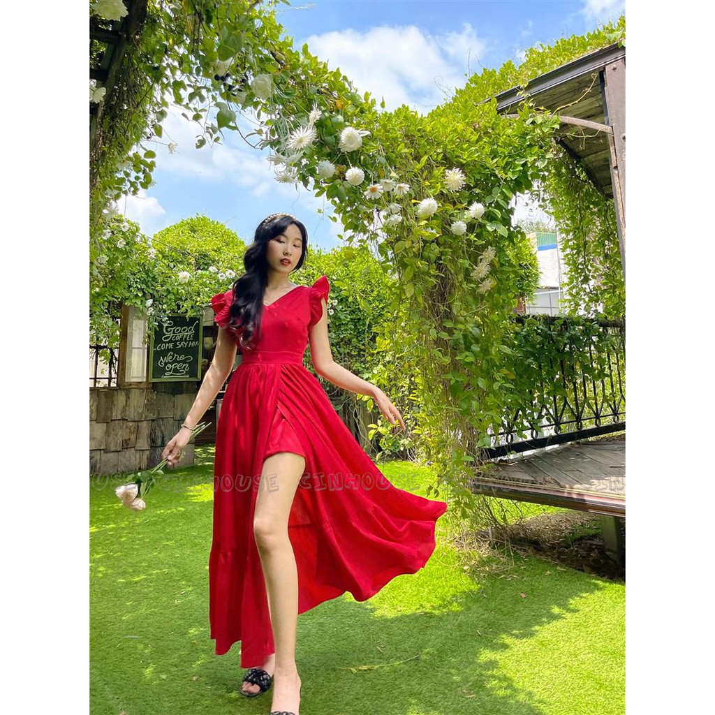 Đầm Maxi Lynda 1802 xẻ tà cổ tim dây cột sau lưng CIN HOUSE