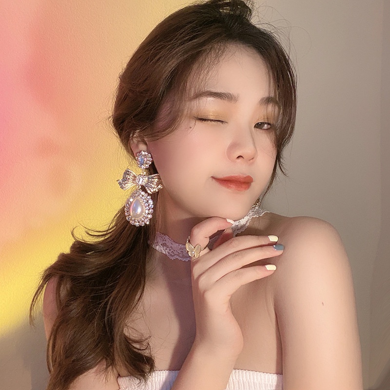 Bông Tai Bạc 925 Hình Nơ Đính Đá Ngọc Trai Phong Cách Thời Trang Hàn Quốc