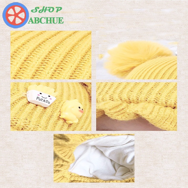 Mũ len cho bé phối bóng lông kèm lót mũ mềm mịn phong cách Hàn Quốc