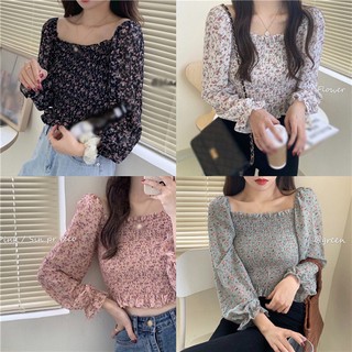 Áo voan nhún cổ vuông hoa nhí nhiều màu-shopforgirl