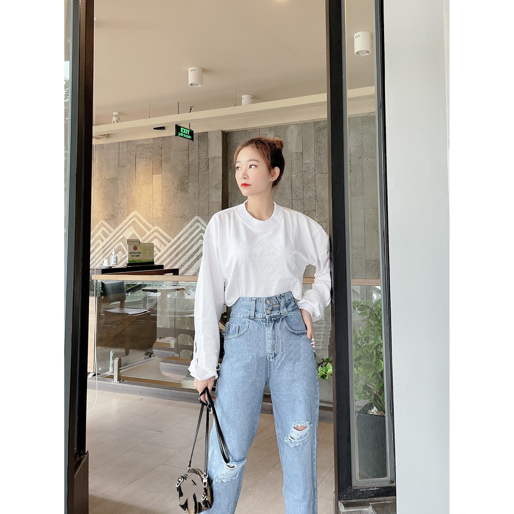 [ NY335 ] QUẦN BAGGY JEAN NỮ LƯNG CAO 2 NÚT XẺ NỮA ĐĨA CHÉO RÁCH 2 GỐI TO MÀU XANH NHẠT CAO CẤP BABO ĐỦ SIZE S, M, L