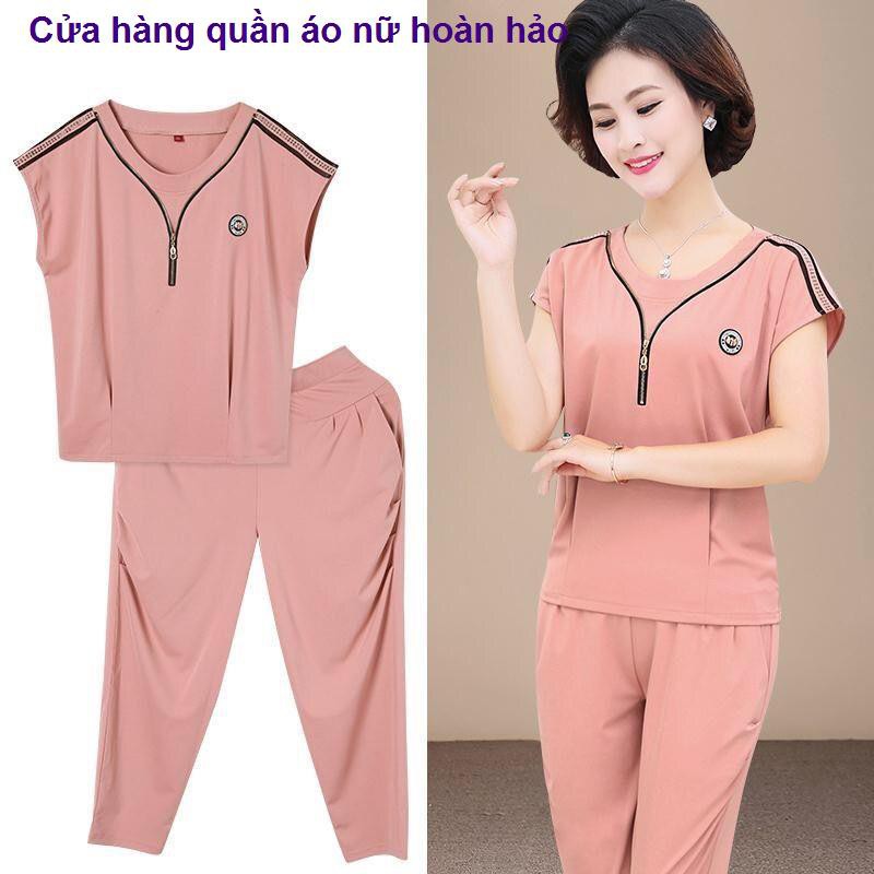 bộ đồ nữBộ đồ mùa hè của bà mẹ 40-50 tuổi phụ nữ trung niên Áo phông ngắn tay hàng đầu quần