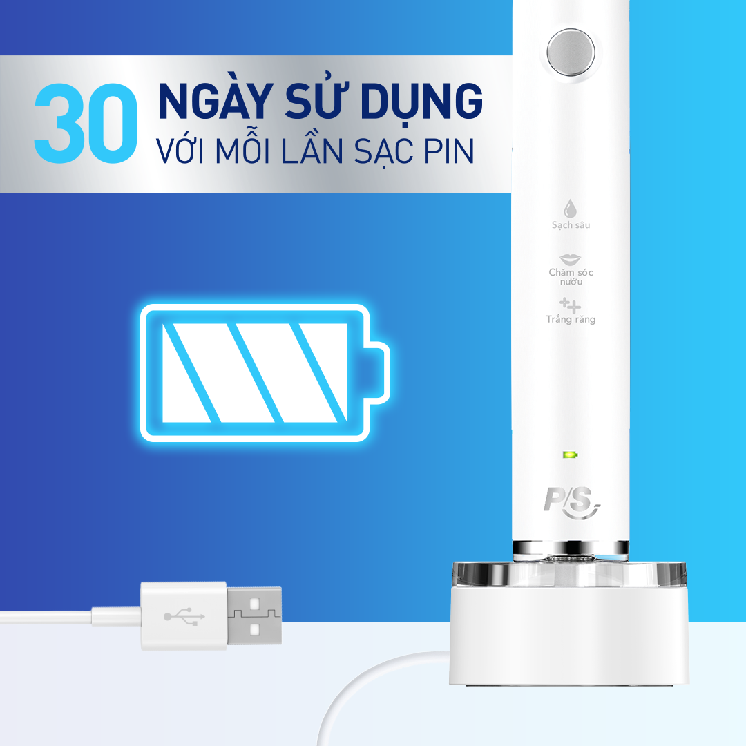 Bàn Chải Điện P/S S100 PRO - Công Nghệ Sóng Âm, Chải Sạch Mảng Bám Tới 10X - Trắng Sáng