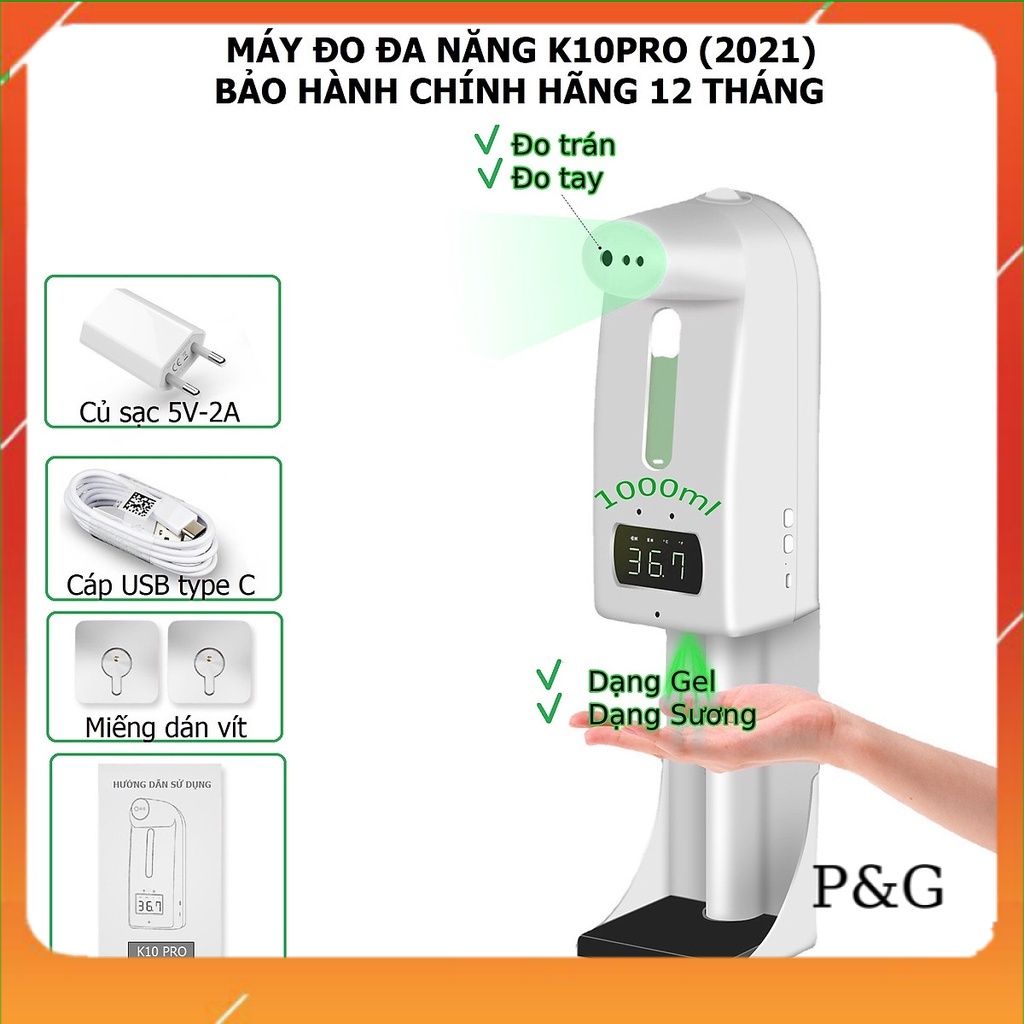 Máy đo thân nhiệt K10 pro tích hợp rửa tay tự động phun sương/nhả gel mới nhất 2021 - 15 ngôn ngữ