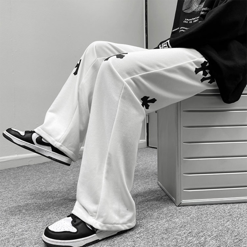 ♞AFF LIGA♞ Quần dài lưng thun dáng rộng thêu họa tiết chữ thập phong cách đường phố cá tính cho nam