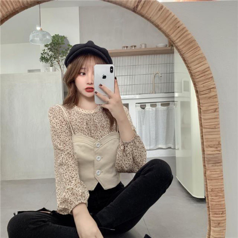 LEEVA - Áo kiểu nữ họa tiết hoa nhí phổi cổ ren tròn A116