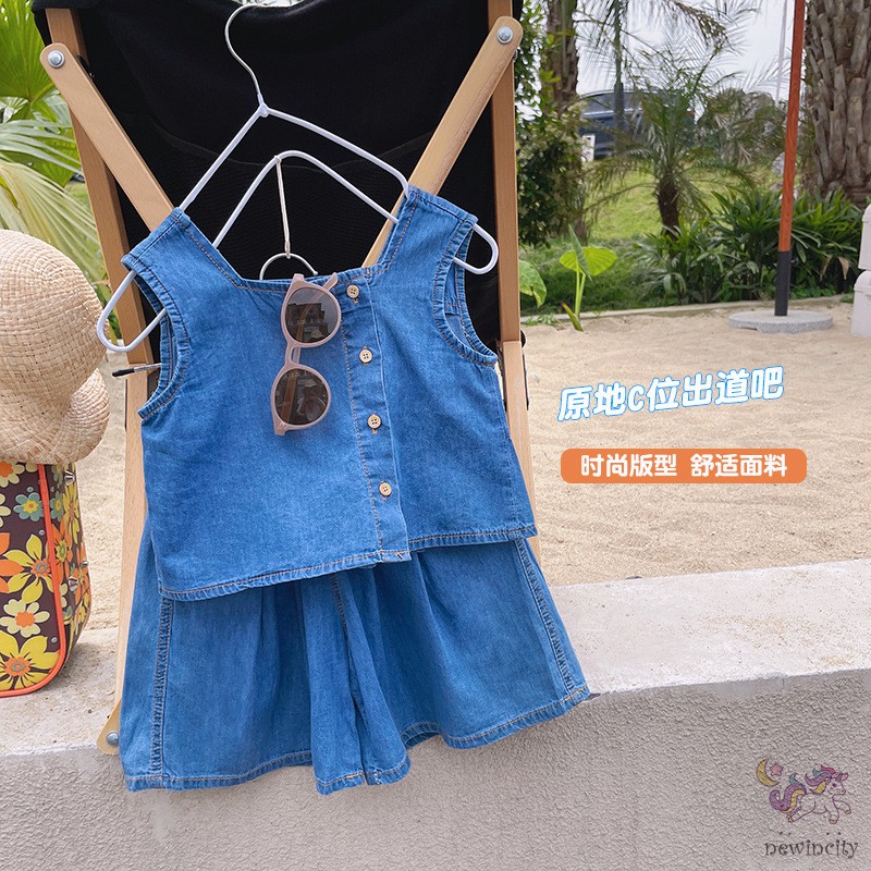 Set Áo Denim Sát Nách + Quần Short Năng Động Thời Trang Phong Cách Hàn Quốc Cho Bé Gái