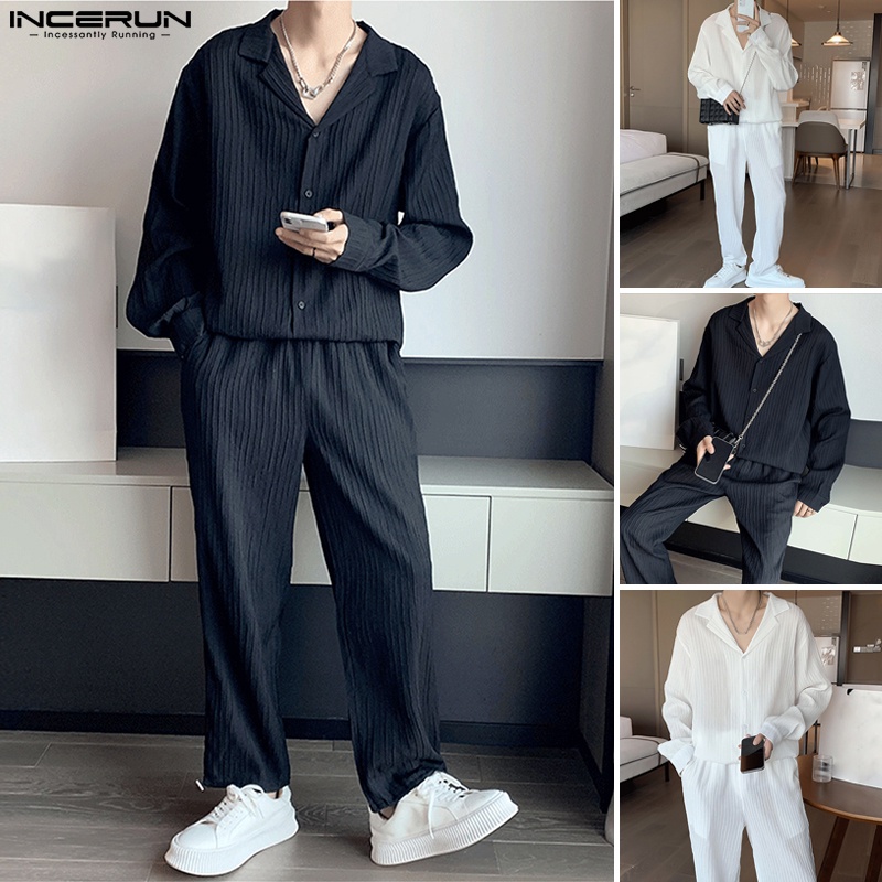 Bộ áo sơ mi dài tay và quần dài lưng thun INCERUN thời trang nam tính