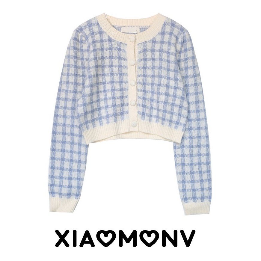 Áo Khoác Cardigan Dệt Kim Họa Tiết Sọc Caro Phong Cách Hàn Quốc Thời Trang Cho Nữ