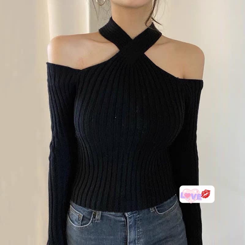 Áo len cổ chéo hở vai, áo dệt kim gân to dài tay dáng ngắn ôm dáng sexy - shopbelinh