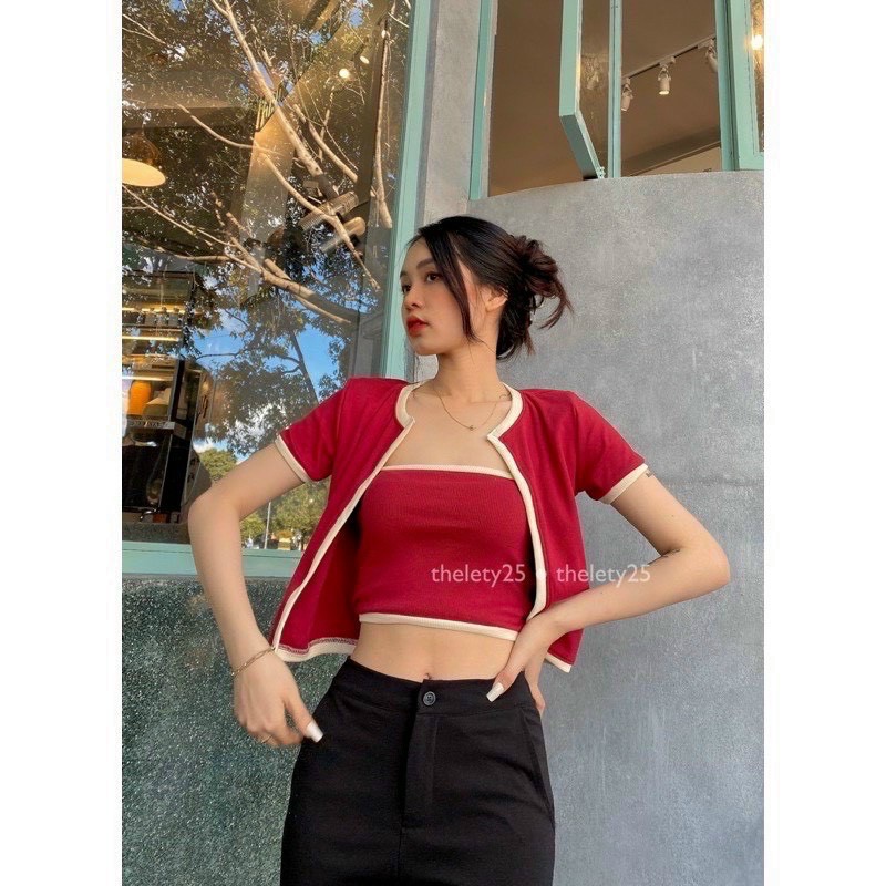 Sét áo gân viền+áo ống croptop (sét 2món)
