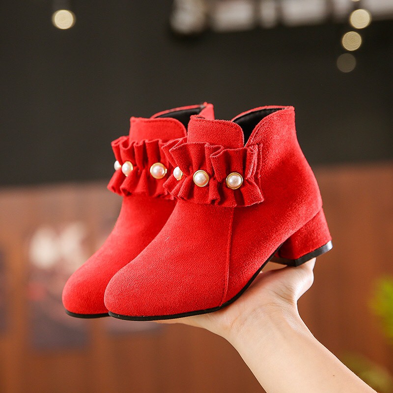 Boot cao gót đế vuông dành cho bé gái màu đỏ gắn hạt kiểu dáng công chúa CG52